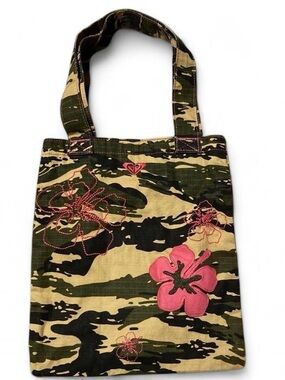 Roxy Camouflage Tote with Pink Floral Appliqués
